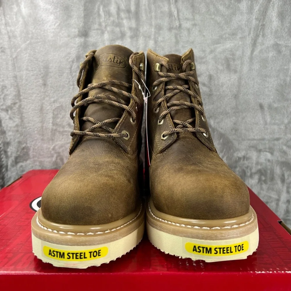Justin‎ Steel Toe Work Boots Mens 9.5D Brown Leather Lace Up Wedge Sole Safety